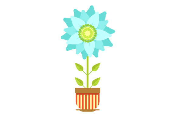 Blue Flower in Pot. Colorful Green Decor