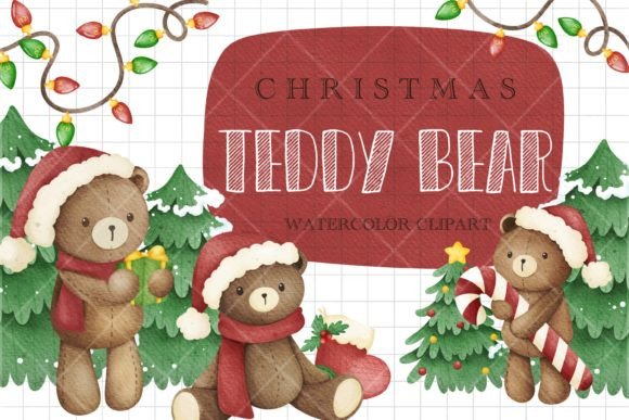 Christmas Teddy Bear Watercolor Art